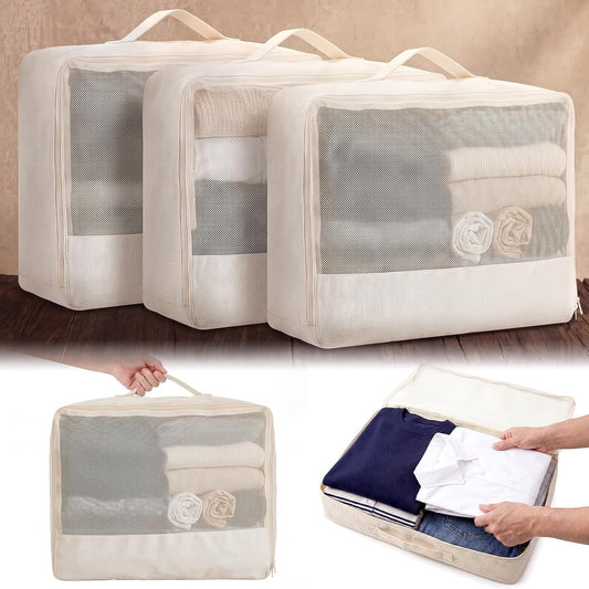 Shinymoon 3 Set 100% Cotton Packing Cubes 18"X12"X4" Mesh Beige