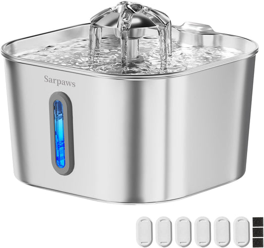Cat Water Fountain Stainless Steel：74Oz/2.2L SARPAWS Water Fountains for Cats Indoor, Cat Fountains for Drinking, Ultra-Quiet, Water Level Window, Pet Water Fountain - 6 Filters + 3 Sponges