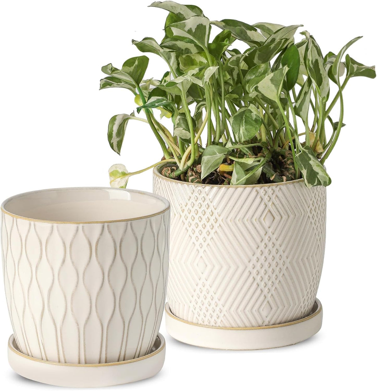 Nihow Ceramic Plant Pots with Drainage Hole & Saucer, 4.75 Inch, White-3