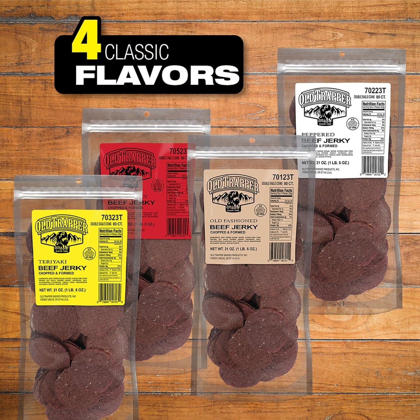 Old Trapper Double Eagle Beef Jerky, Teriyaki Flavor, 21 Ounce Package, Natural Wood Smoked Meat Snacks, 10 Grams of Protein and 80 Calories per Serving (Pack of One)