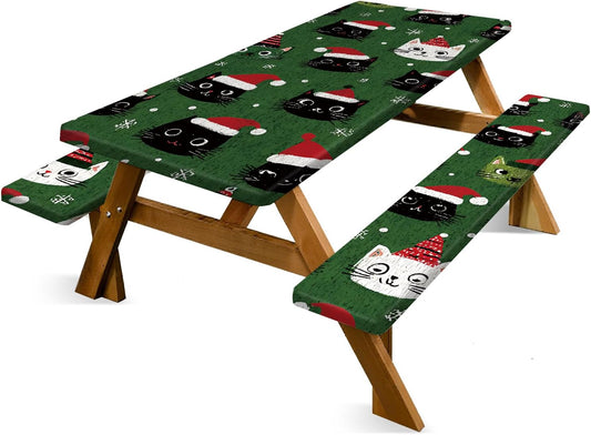 Christmas Picnic Table Cover with Bench Cover, Outdoor Picnic Table Elastic Tablecloth, Christmas Hat Green Cat Design, Camping, Barbecue and Holiday Party Tablecloth