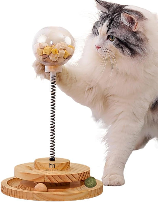 Marchul Cat Puzzle Feeder, Interactive Cat Toy with Treat Dispenser & Roller Track Ball, Wooden Slow Feeder Ball for Indoor Cats, 3-In-1 Food Puzzle Toy for Mental Stimulation
