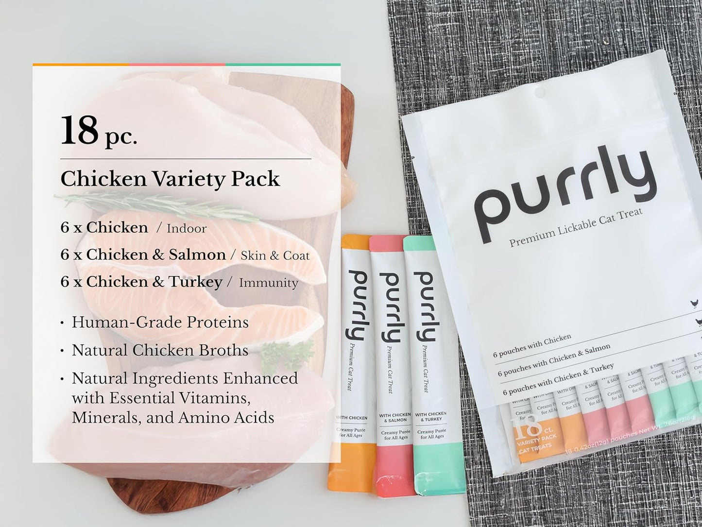 Purrly Lickable Wet Cat Treats Healthy Grain-Free Chicken Variety Pack (18 Count) Squeezable Creamy Purée with Human-Grade Protein Functional Nutrients Non-Gmo No-Artificial-Additives Low-Phosphorus