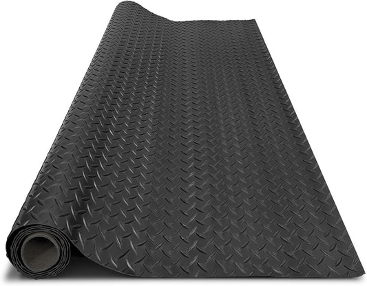 4X8Ft Garage Floor Mat, 2.8Mm Thickened Flooring Roll for under Car, Golf Cart Parking Mat, Diamond Plate PVC Rubber Motorcycle Mat, Non-Slip Floor Protector for Garage Warehouse Trailer, Black