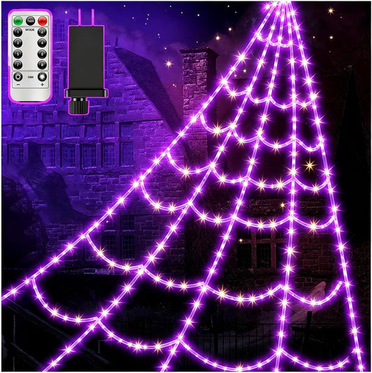 LCHUANG Spider Webs Halloween Decor Lights - 450 Leds Outdoor Halloween String Lights with Light up Spider,8 Modes Remote Control 16.4Ft Spiderweb,Waterproof (New Purple Grid Luminous Net)