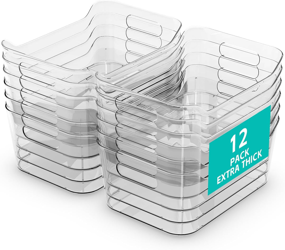 12 Pack Clear Plastic Storage Bins, Pantry Organizers and Storage, Multi-Use Clear Pantry Organizer Bins Storage Containers with Handles for Kitchen, Bathroom, Freezer, Cabinet, Office