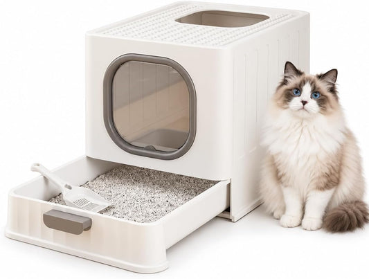 Fully Enclosed Cat Litter Box with Scoop, Large Hooded Kitty Litter Pan with Pull-Out Tray for Easy Cleaning, Spacious Odor Control Toilet for Large Cats and Kittens