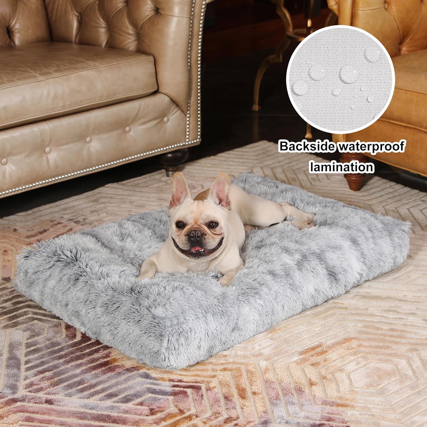 Bedfolks Waterproof Dog Crate Bed with Removable Washable Cover, Plush Faux Fur Pad for Large Dogs, Fluffy Kennel Bed 35"X23", Dark Grey
