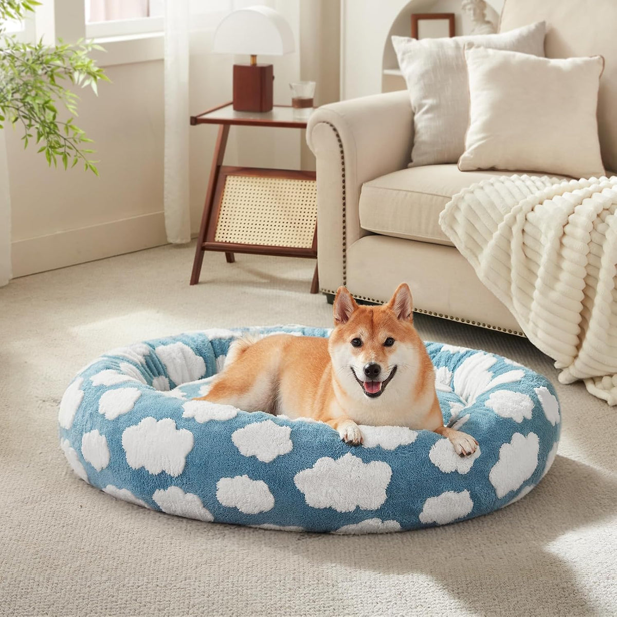 JOEJOY Jacquard Donut round Dog Beds Medium Sized Dog,Blue 30X30X8In, Removable Washable Cover, Cute Pattern, Ultra Soft Fluffy Calming Pet Bed with Thick Supportive Bolster