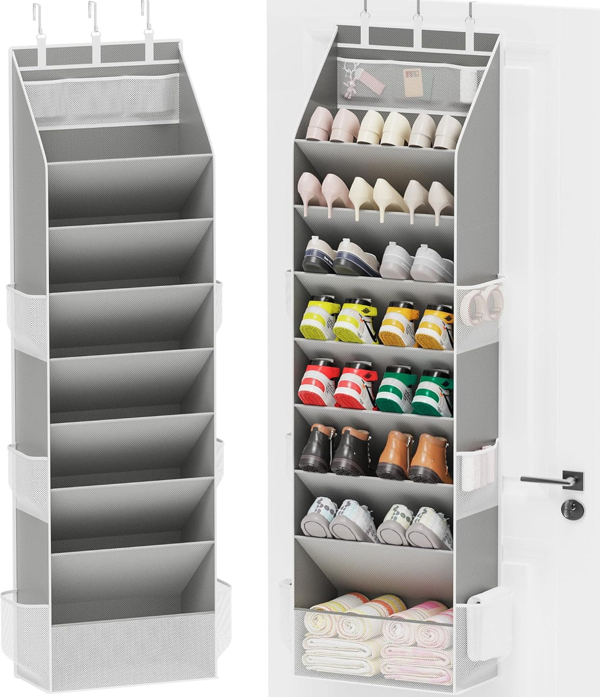 Criusia Shoe Organizer, over the Door Shoe Organizer, Hanging Closet Shoe Storage with Large Deep Pockets, Fits 16–24 Pairs of Sneakers, Sandals, Boots, Gray