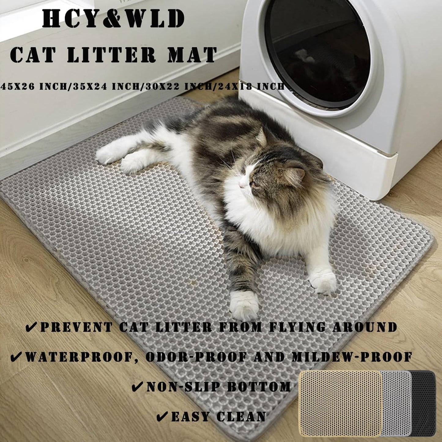 HCY&WLD Cat Litter Mat, 45X26/35X24/30X22/24X18 Inch Double Layer Cat Litter Box Mat, EVA Non-Slip, Waterproof Urine Proof Cat Litter Catcher Mat, Easy Clean Scatter Control (35X24 Inch, Khaki)