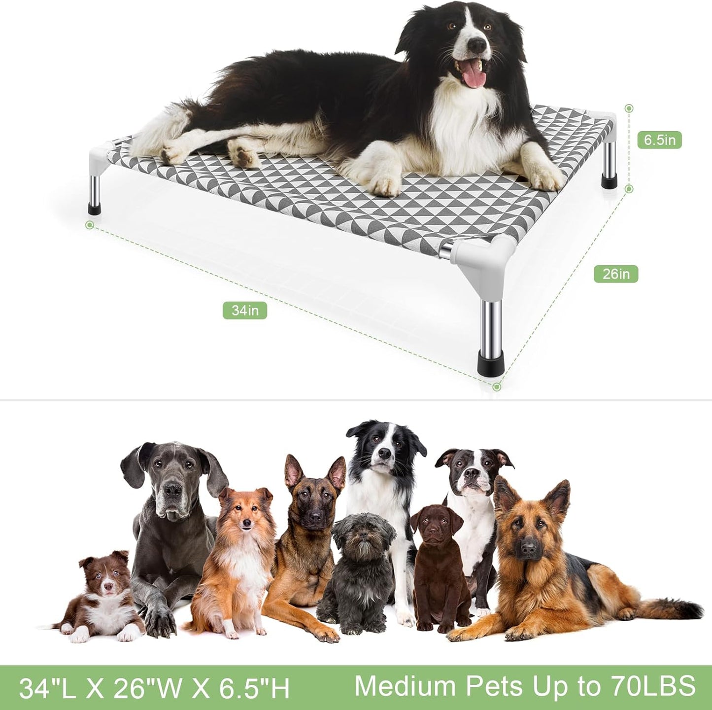 Kuntrust Elevated Outdoor Dog Bed, Medium Size, Cotton Material, Non-Slip Feet, Fits up to 70Lbs