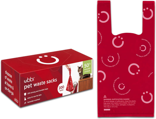 Ubbi Pet Waste Sacks, Lavender Scented Cat Litter Disposal Bags, Leak Proof and Easy Tie, 200 Count (Pack of 1) | Cat Litter & Dog Waste Disposal Bags, Leak-Proof Easy-Tie Tabs, Odor Control Bags, Made from 50% Recycled Materials