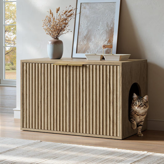 Evermagin 31.5" Cat Litter Box Enclosure Furniture | Oak Hidden Litter Box Cabinet, Modern Indoor Cat House, Fluted Kitty End Table for Living Room, Bedroom, Entryway