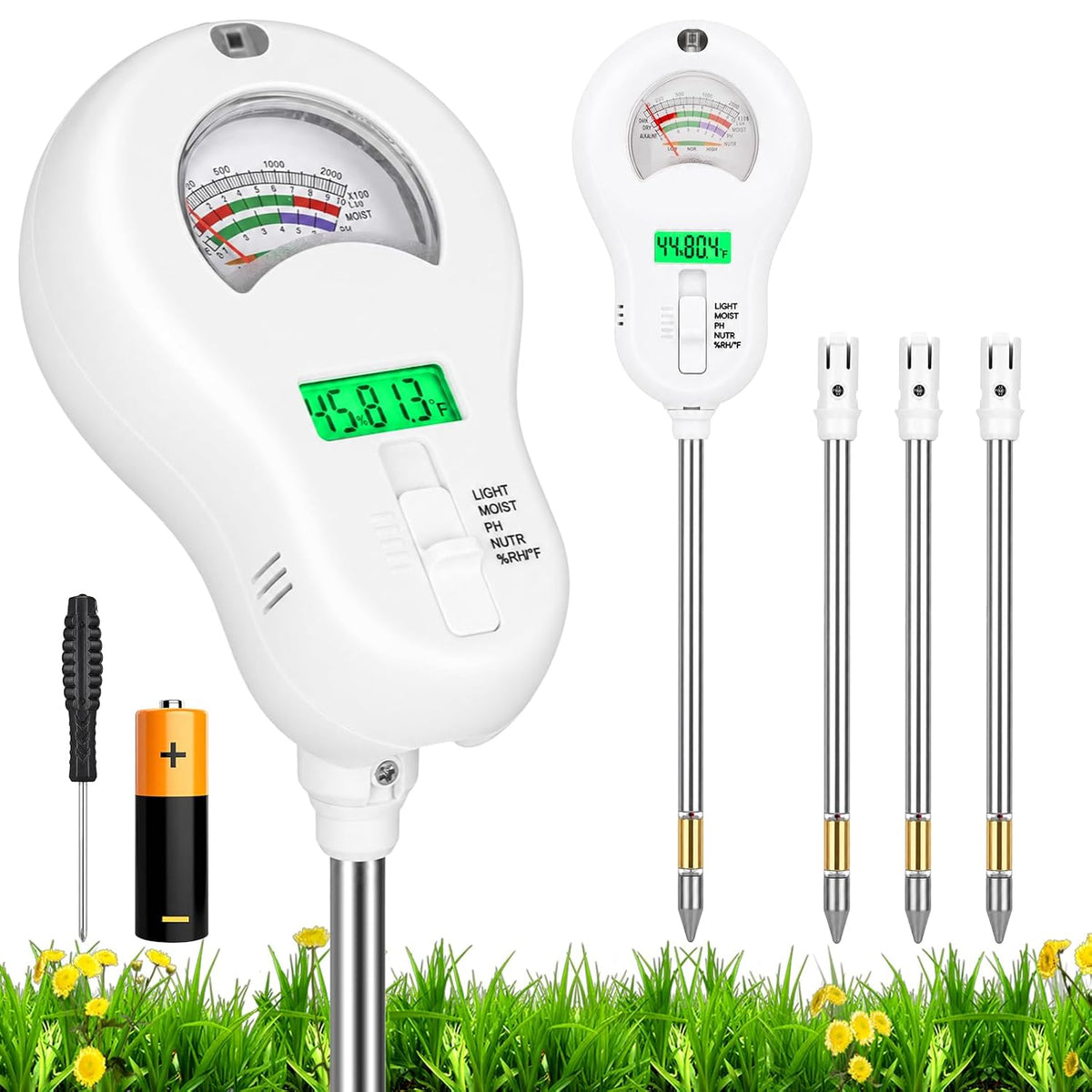 Soil Test Kit, 6-In-1 Soil Moisture Meter, Ph/Sunlight/Soil Moisture/Fertility Monitor Indicator Sensor with 4 Removable Probe, Soil Tester for Garden, Lawn, Indoor and Outdoor Plants