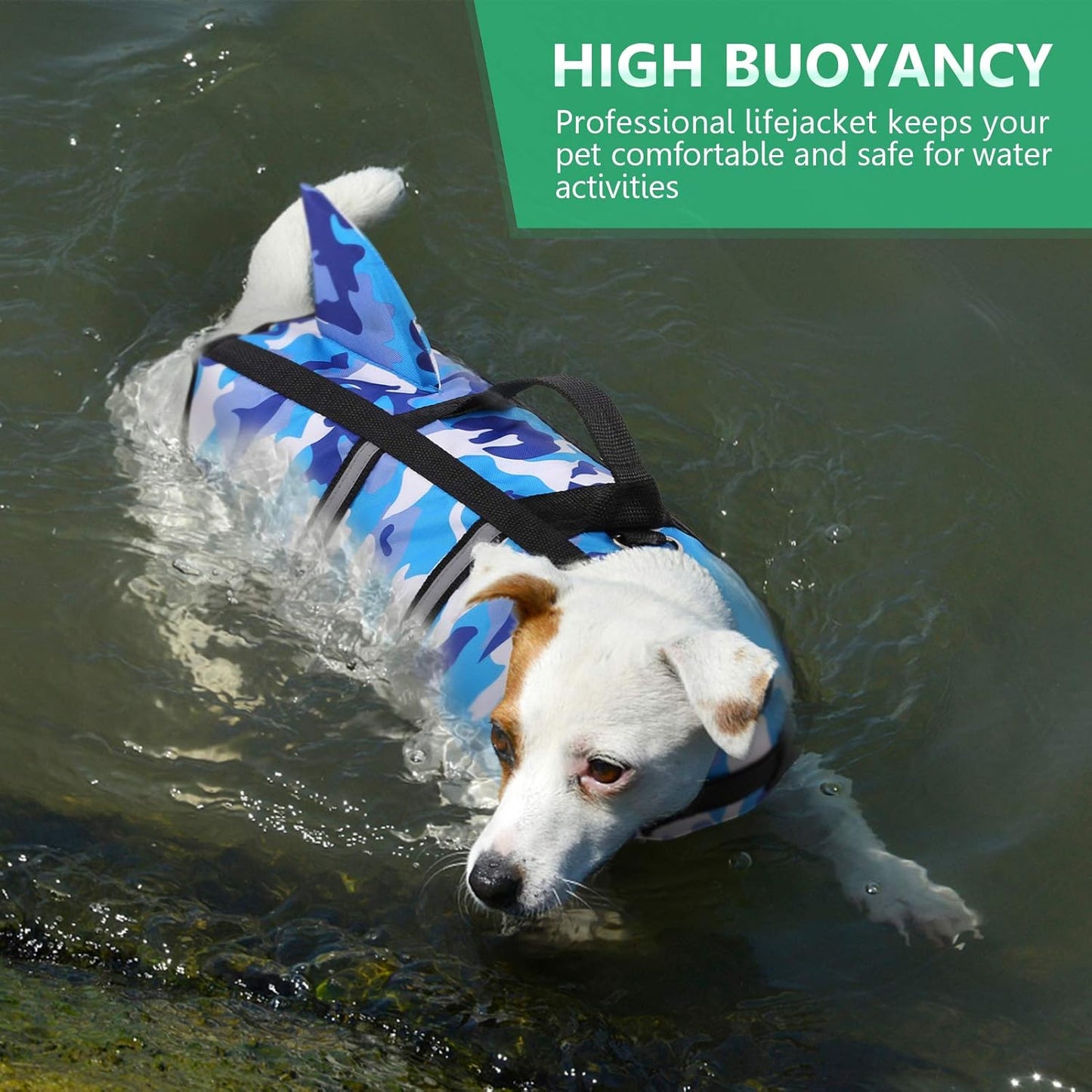 Queenmore Dog Life Jacket Pet Safety Vest High Buoyancy Camouflage Color Cute Shark with Strong Rescue Handle and Leash Ring for Boating, Canoeing, Surfing, Hunting