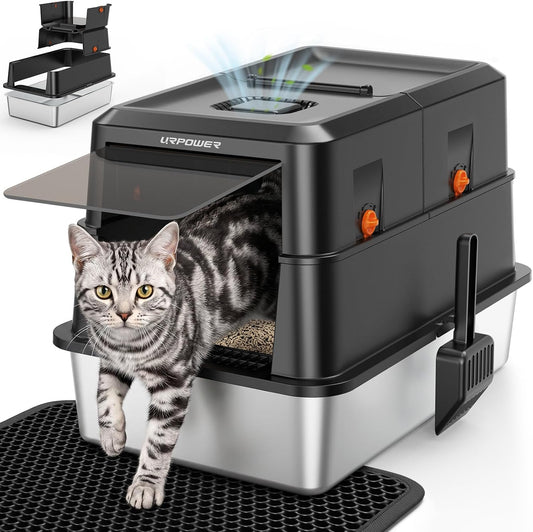 URPOWER XL Stainless Steel Cat Litter Box with 180° Flip-Top Lid