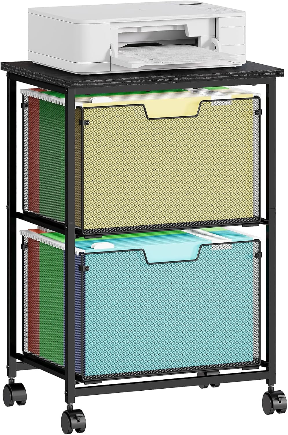 Letter/Legal Rolling File Cart with 2 Storage Drawers, under Desk Storage, Vertical Filing Cabinet for Home Office, Hanging File Folders Organizer, Mobile Utility Cart Printer Stand, Black