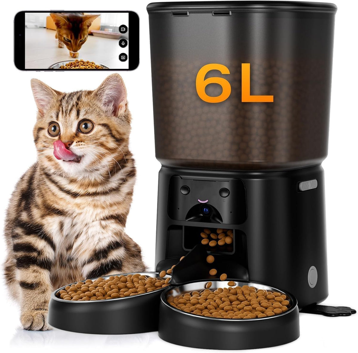 Petrice Automatic Cat Feeder with Camera for 2 Cats, 6L Wifi Smart Pet Feeder with APP Control, 1080P HD Video, Voice Call, Motion Detection, Dual Power Supply, for Dogs Cats, Small-Pet, Black