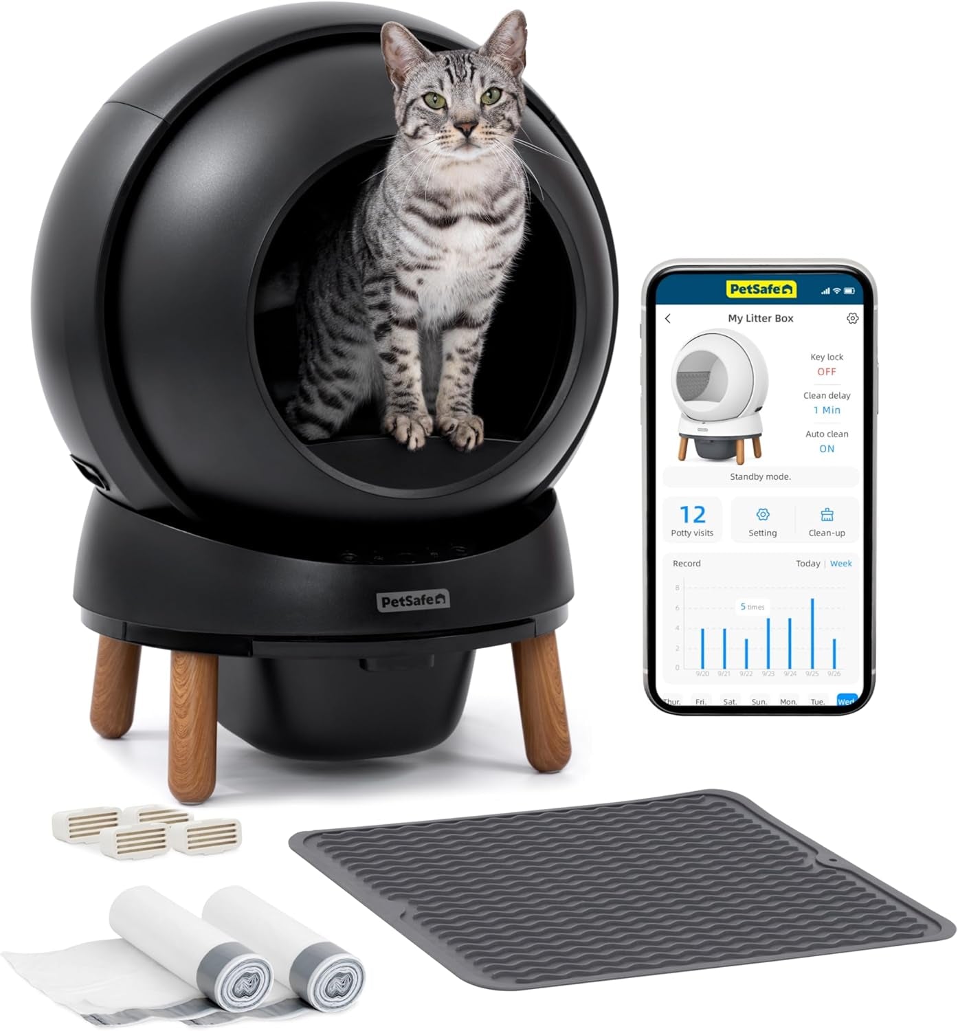 Petsafe Scoopfree Smartspin Self-Cleaning Litter Box - Automatic Waste Collection - Odor Control - App Controlled - Complete Litter Box Kit - Black