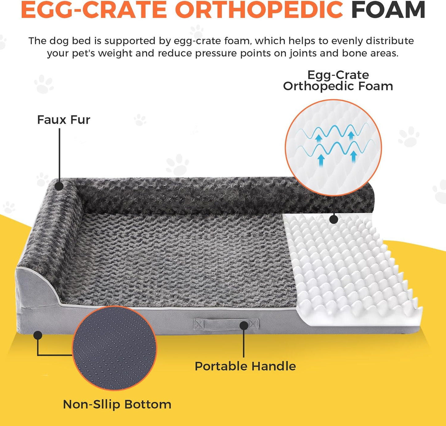 Dog Beds Large Sized Dogs, XL Orthopedic Dog Beds for Large Dogs 42"X30"X7.5", Waterproof Pet Bed with Washable Cover, L-Shaped Pet Couch with Portable Handle, Grey