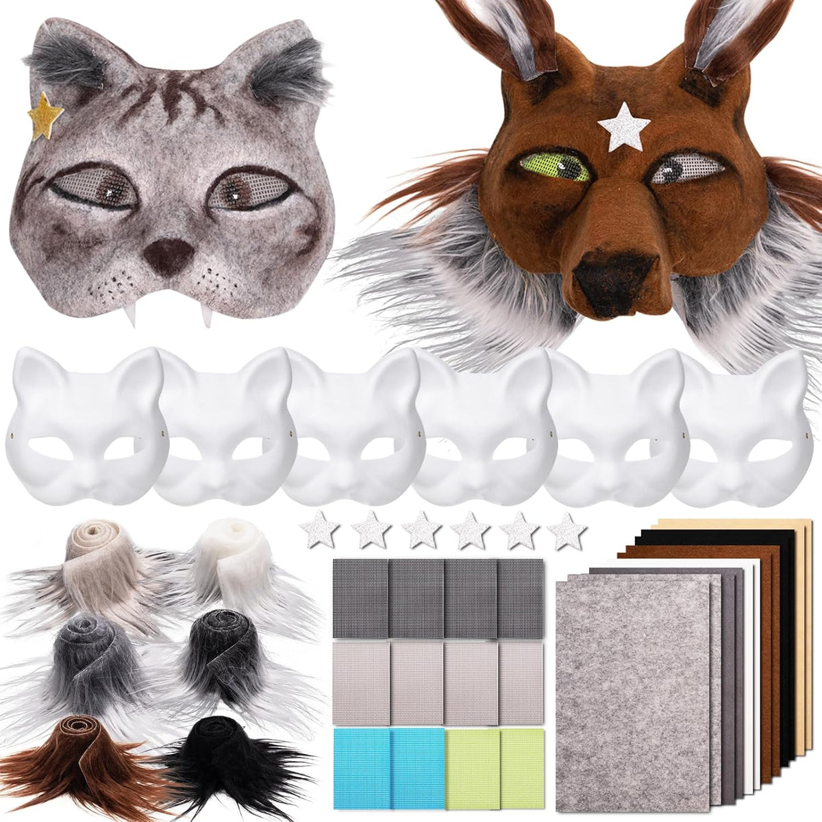 OPPKIE Cat Fox Therian Masks 42PCS with Felt Furs Eye Meshes and Stars, Costume Furry Masks to Paint, Animal Mask Arts Crafts Kit, Dress up DIY for Halloween Christmas Cosplay Party Interaction