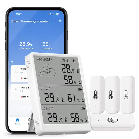 Wifi Hygrometer Thermometer, Digital Indoor Temperature Humidity Monitor with 1 Base Station + 4 Sensors, Smart Remote Monitor with App Alerts, Data Storage & Export, Compatible with Alexa