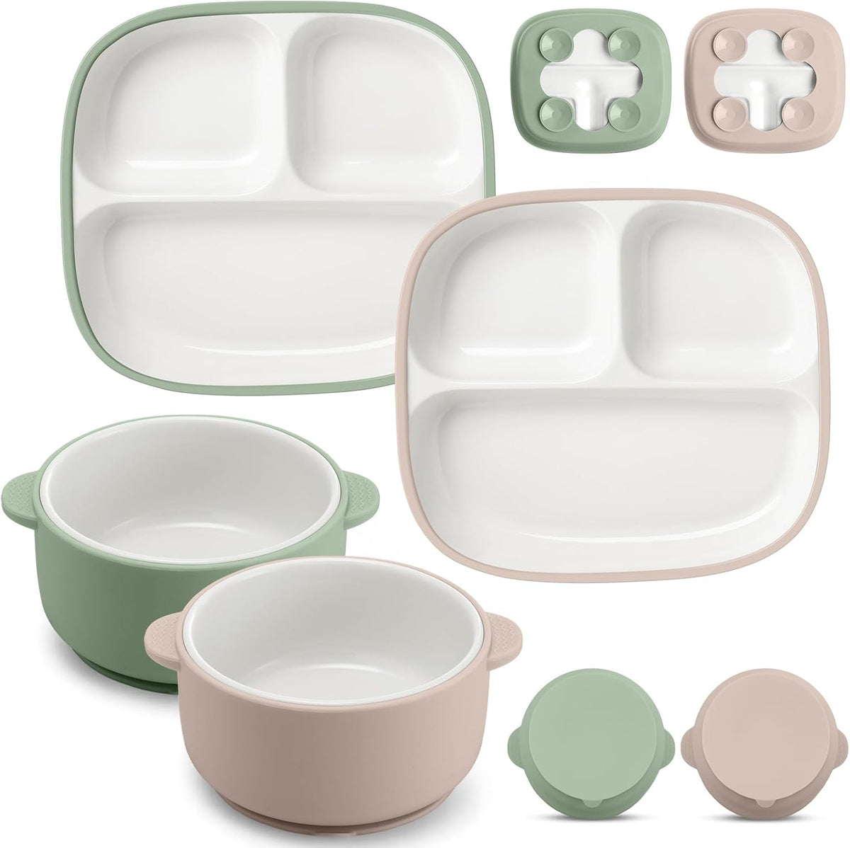 Domensi 4 Pcs Square Porcelain Kid Suction Plate and Bowl,Green, Beige