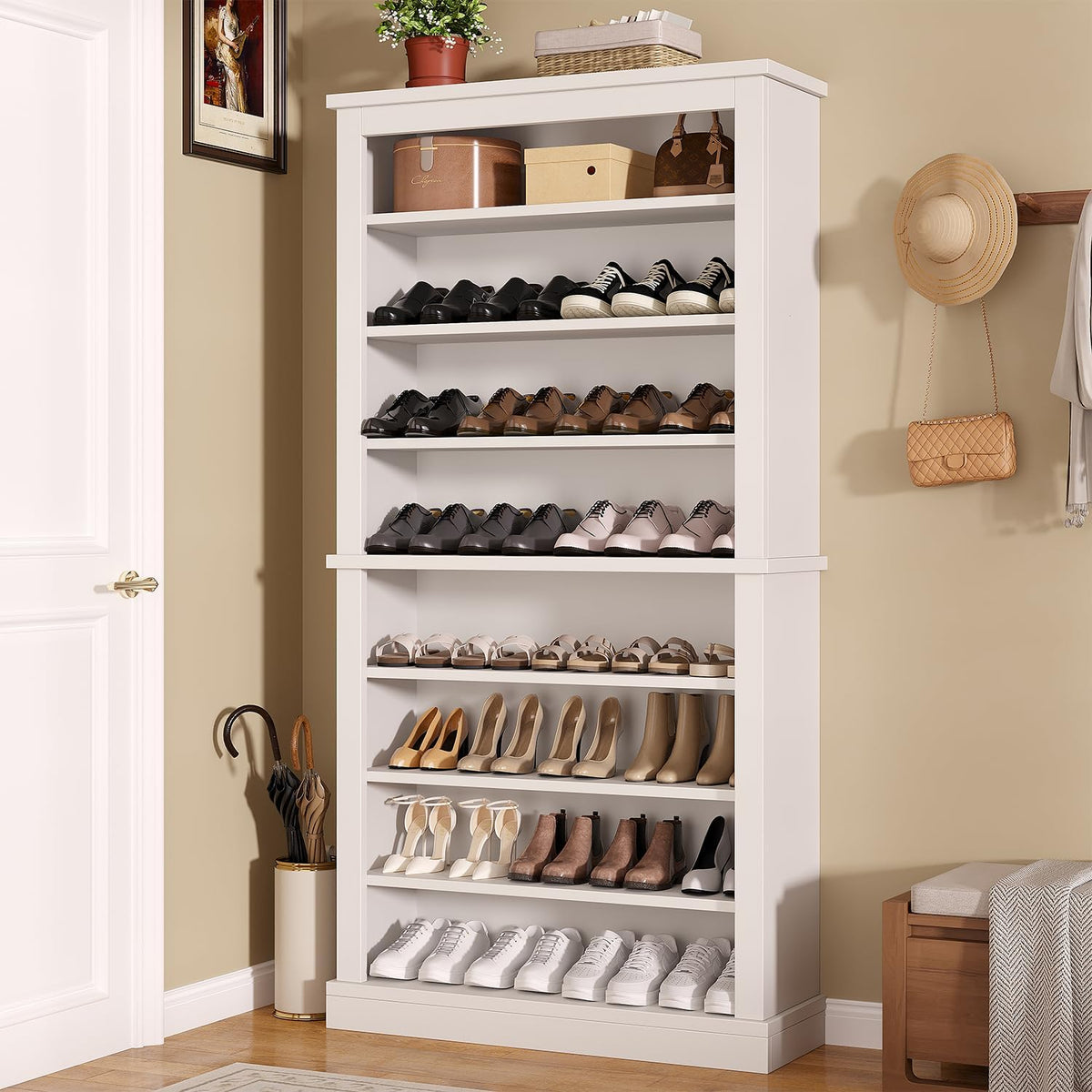 Knoworld Freestanding Shoe Cabinet, Holds 40-45 Pairs, 71 Inch Tall 9-Tier Shoe Rack with Adjustable Shelves, Heavy Duty Open Storage Organizer for Entryway Hallway，White
