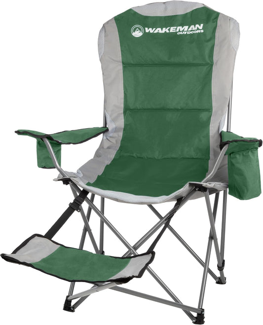 Camping Chair with Foot Rest - 300Lb Capacity Beach Chair with Footrest, Cupholder, and Cooler Pouch - Portable Chair by Wakeman Outdoors (Green)