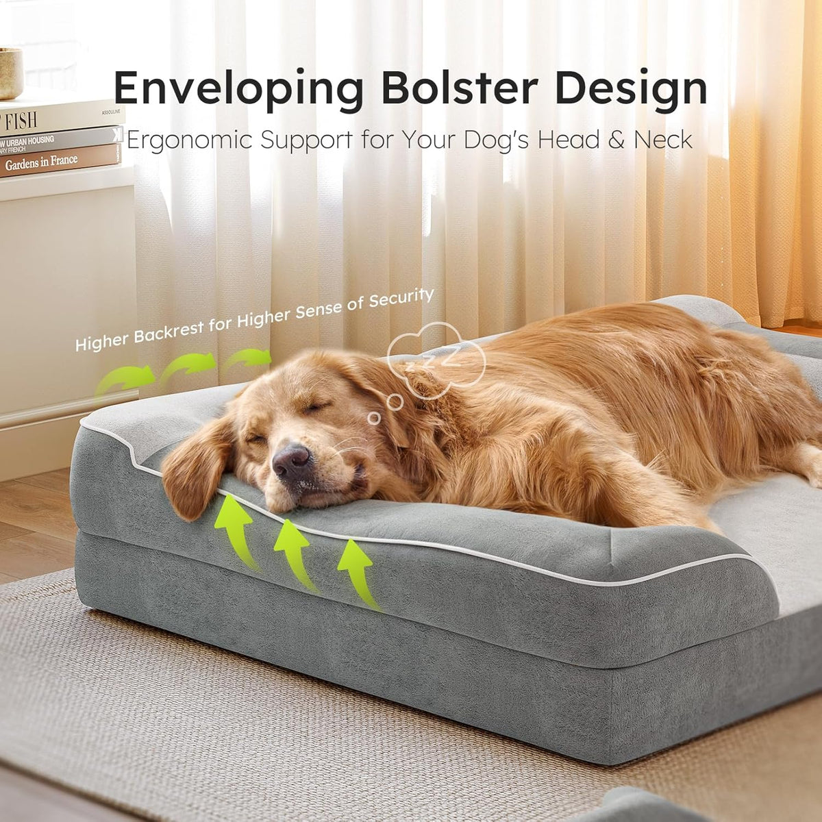 CWAWZ Extra Large Dog Bed, Orthopedic Dog Bed with Cooling Gel Memory Foam, Waterproof XL Pet Bed with Removable Washable Cover, 42" Pet Sofa Couch Dutch Velvet with Bone Toy, Light Gray