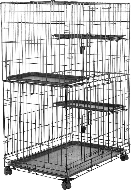 Amazon Basics Large 3-Tier Cat Cage Playpen with Easy to Clean Removable Tray, Front Doors, Portable, Foldable, 35.8" X 22.4" X 50.6", Black