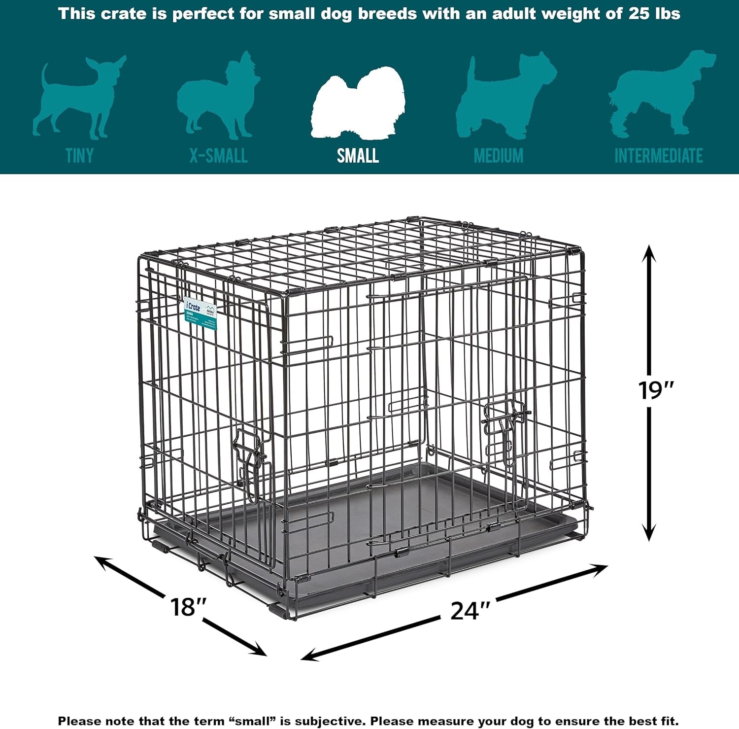 Midwest Homes for Pets 24-Inch Icrate for Small Breeds, 12-20 Lbs, Double Door Folding Dog Crate with Divider Panel, Leak-Proof Tray & Secure Latches, Portable, Durable & Easy to Assemble