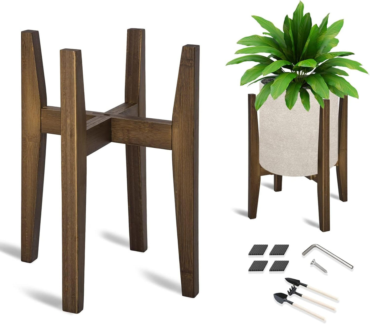 OERGKE Adjustable Plant Stand, Bamboo Mid Century Modern Indoor Plants Stands, Corner Flower Holder for Living Room, Fits 8 to 12 Inches Pots, (Pot & Plant Not Included)(Walnut, 1 Pack)