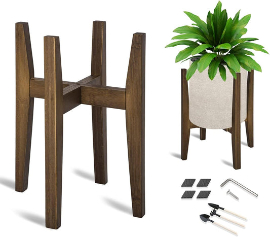 OERGKE Adjustable Plant Stand, Bamboo Mid Century Modern Indoor Plants Stands, Corner Flower Holder for Living Room, Fits 8 to 12 Inches Pots, (Pot & Plant Not Included)(Walnut, 1 Pack)