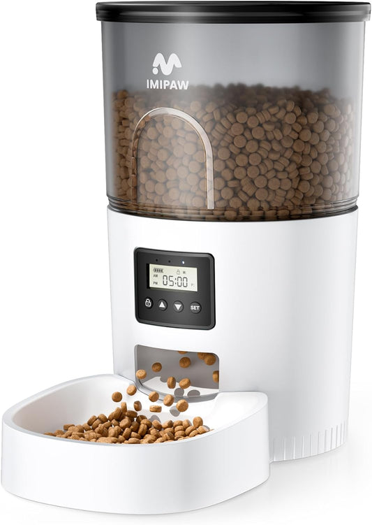 IMIPAW Automatic Cat Feeders, Timed Cat Dry Food Dispenser with Desiccant Bag, Dual Power Supply, Programmable Portion Size, 6 Meals, 20 Portions per Day, Auto Pet Feeder for Cats and Small Dog, White