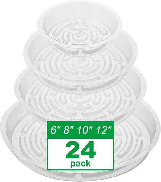 CATIFLIN 24 Pack Clear Plant Saucers - 6, 8, 10, 12 Inch Plastic Plant Trays for Pots, Flower Pot Saucers, Indoor & Outdoor Planter Drip Tray for Water Drainage & Protection