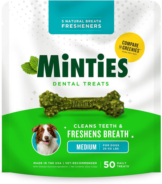 Minties Mint Dental Chews for Dogs, Medium Breeds 25-50 Lbs, 40 Count