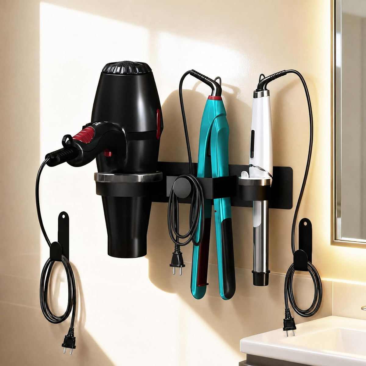 Hair Dryer Holder Wall Mounted, Blow Dryer Holder with Plug&Cord Organizer