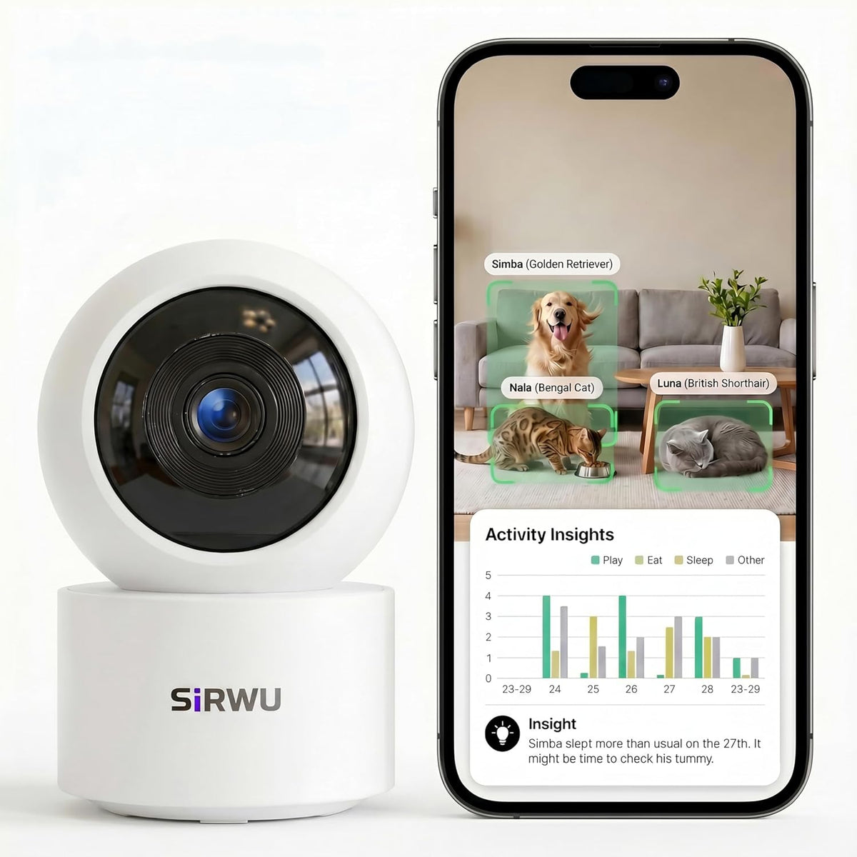 AI Pet Camera Indoor, Multi-Pet Recognition for up to 6 Pets, 2K 3MP Dog & Cat Camera with 360° Auto Tracking, AI Daily Summaries, Night Vision, 2-Way Audio, 2.4/5Ghz Wifi