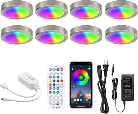 RGB under Cabinet Lights 8 Pack App Controlled and Music Sync,Rgb Puck Light with Remote,Plug in or Hardwired under Counter Lights with Multi Color for Kitchen Shelf Cupboard Showcase 12V