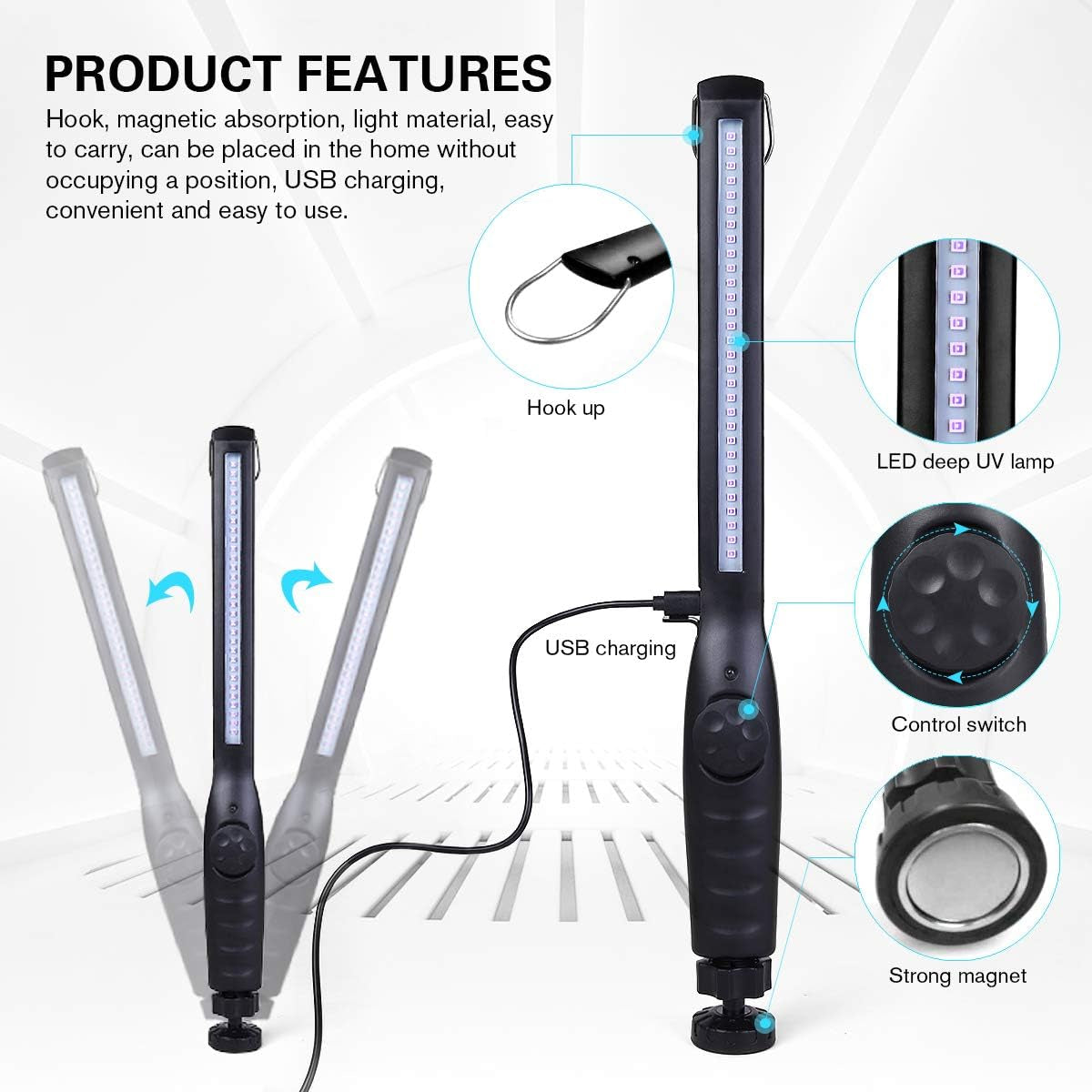UV Light Sanitizer, Portable UV Light Disinfection Lamp USB Rechargeable Ultraviolet Light Sanitizer for Home Hotel Travel Car UV Light Sanitizer Wand