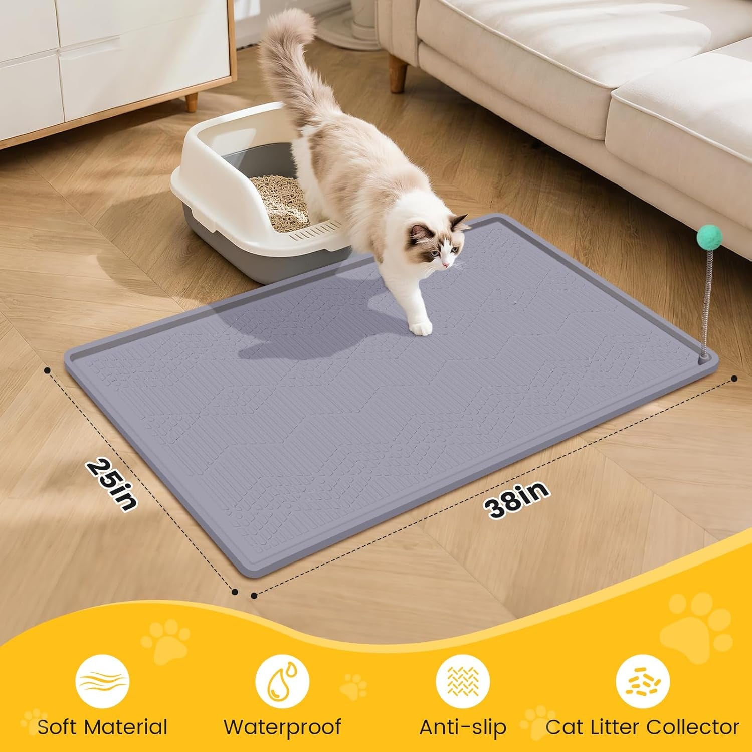 Silicone Cat Litter Mat with Toy, 38X25 Inch Large - Waterproof, Easy Clean Trapping Mat for Kitty Litter Box, Non-Slip Litter Box Mat for Hardwood Floors & Carpet Protection (Grey)