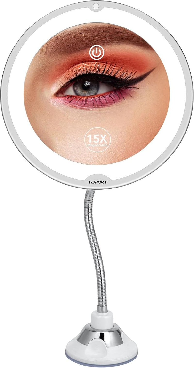 15X Magnifying Suction Cup Mirror, Dimmable LED Gooseneck Bathroom Makeup