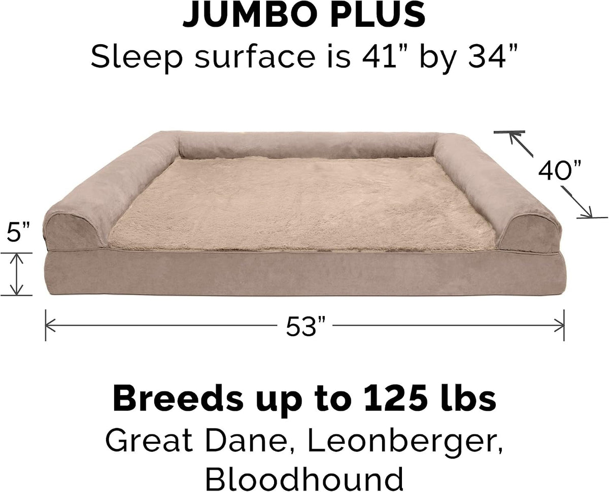 Furhaven Cooling Gel Dog Bed for Large Dogs W/ Removable Bolsters & Washable Cover, for Dogs up to 125 Lbs - Plush & Suede Sofa - Almondine, Jumbo Plus/Xxl