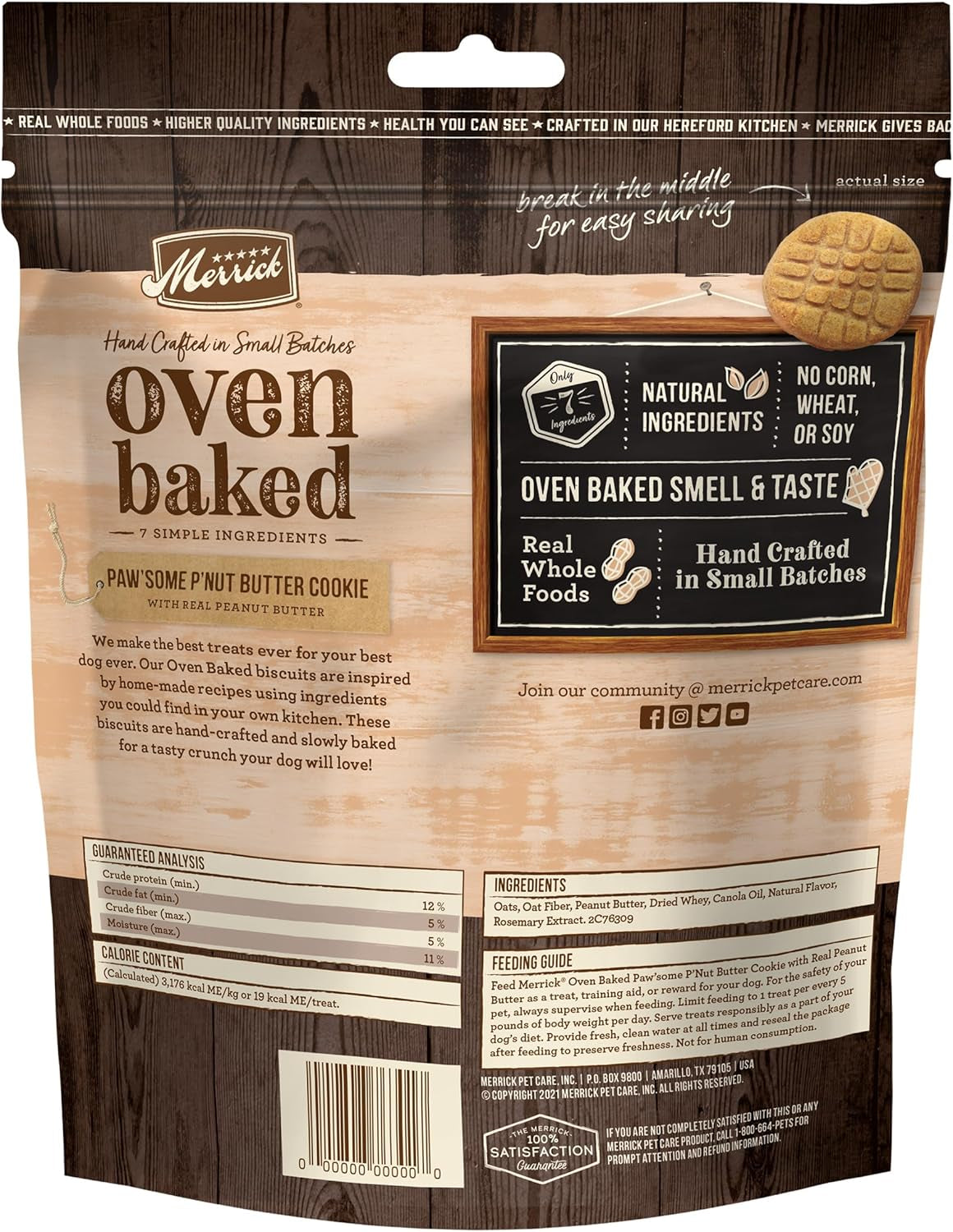 Merrick Oven Baked Dog Treats, Natural Cookies for Dogs, Paw’Some P’Nut Butter Cookie with Real Peanut Butter - 11 Oz. Bag