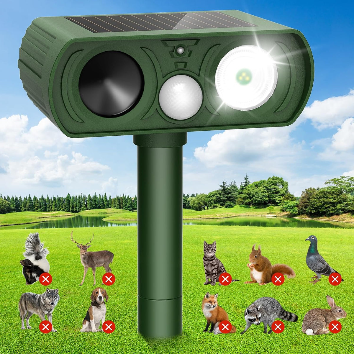 Solar Ultrasonic Animal Repellent, Deer Repellent Devices Waterproof, Cat Repellent Outdoor with Motion Detection Squirrel Skunk Rabbit Dog Raccoon Deterrents Animal Repeller for Yard, 1 Pack, Green