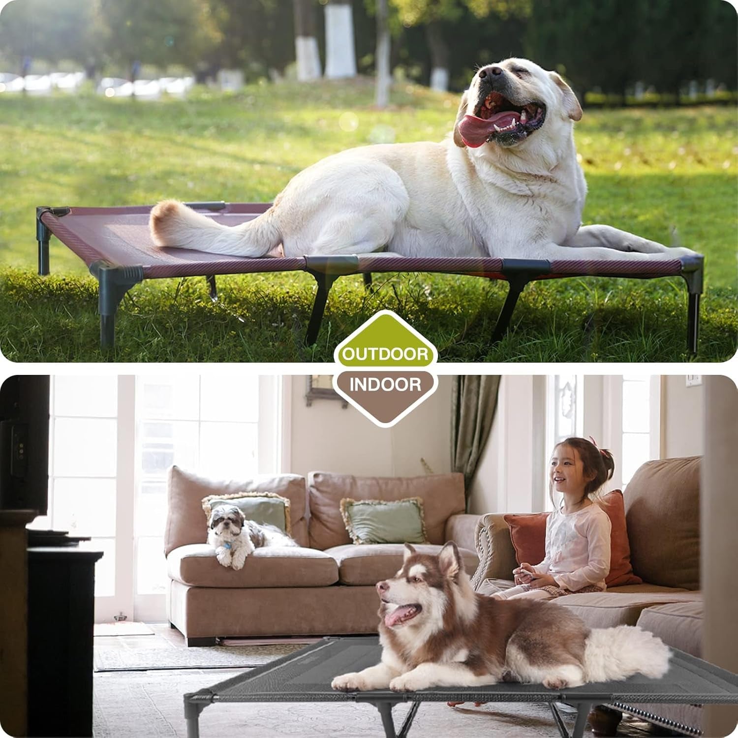 Suddus Elevated Dog Bed for Large Dogs 140Lb, Breathable Cooling Raised Dog Cot with Dual Support Bars & Metal Frame, No-Slip Feet, Waterproof Pet Bed for Indoor/Outdoor, X-Large, 48 * 36 * 9In, Grey