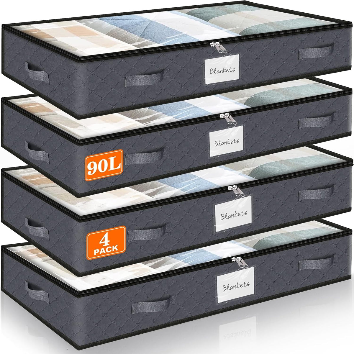 90L under Bed Storage Containers, Storage Bags, Organizer, 4-Pack, Gray