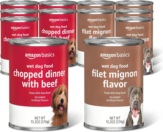 Amazon Basics Chopped Ground Dinner Wet Dog Food Variety Pack, Filet Mignon Flavor and with Beef, Made with Natural Ingredients, 13.2Oz Cans (Pack of 12)